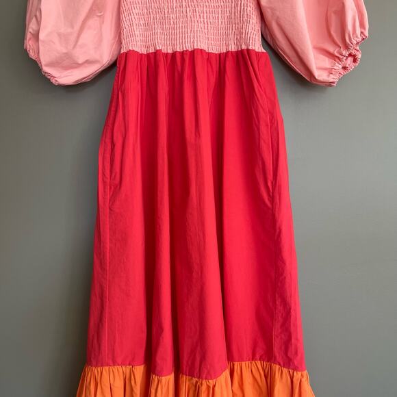 RHODE Eloise Smock Bodice Cotton Maxi Dress Size XS Pink Red Orange Tiered Chic - Picture 5 of 16